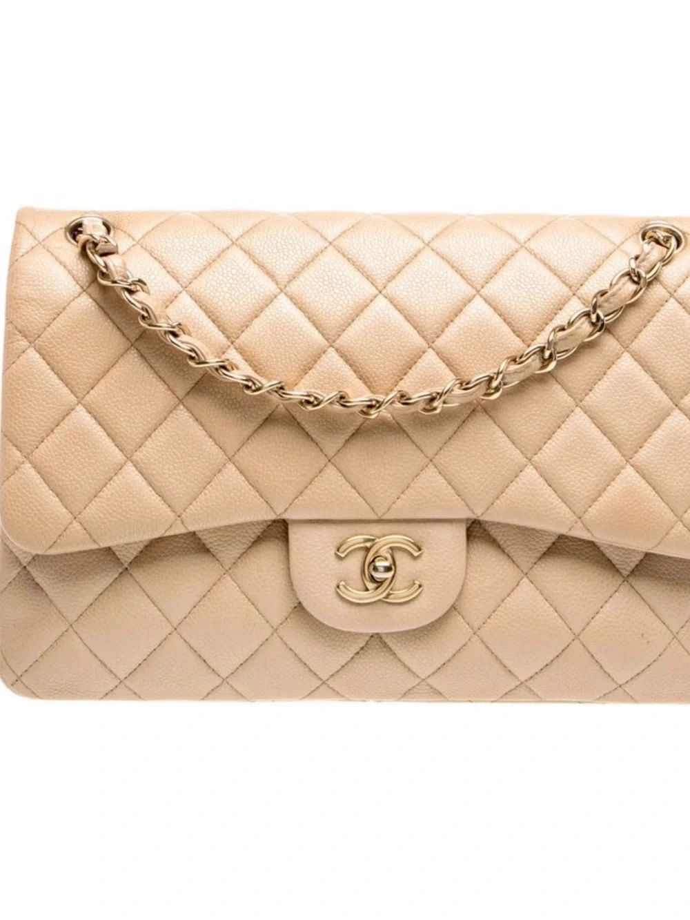 CHANEL Beige Quilted Double Flap Shoulder Bag with Gold Hardware